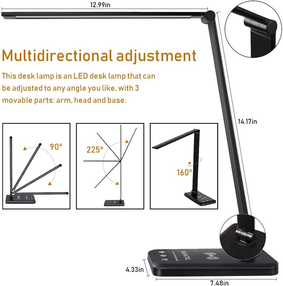 MCHATTE LED Desk Lamp with Wireless Charger, USB Charging Port, Dimmable Eye-Caring Desk Light with 5 Brightness Levels & 5 Lighting Modes, Touch Control, Auto Timer (Black): Home & Kitchen