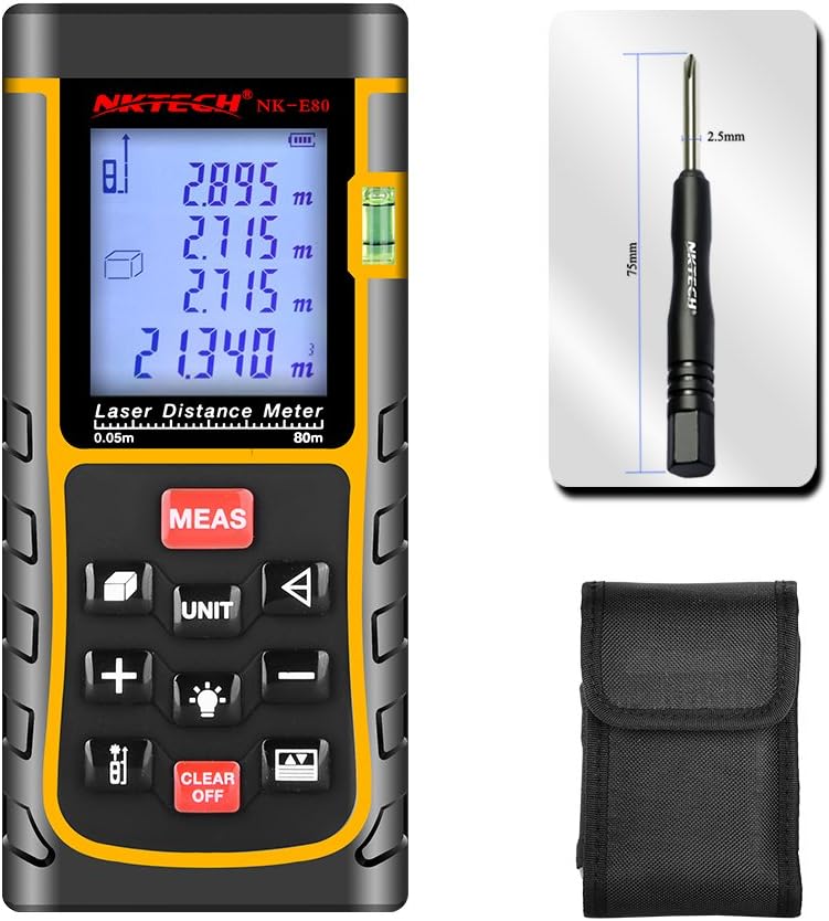 NKTECH Laser Distance Meter Laser Rangefinder 40m 60m 80m 100m 120m 150m Range Finder Tools m/in/ft Length Tape Area Volume Angle Measuring IP54 Air Bubble Level (NK-E80 262ft)