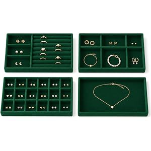 FIFILLION 4 Pack Stackable Jewelry Organizer Tray Set - Velvet Display Case | for Rings Earrings Necklaces, for Drawer Organi