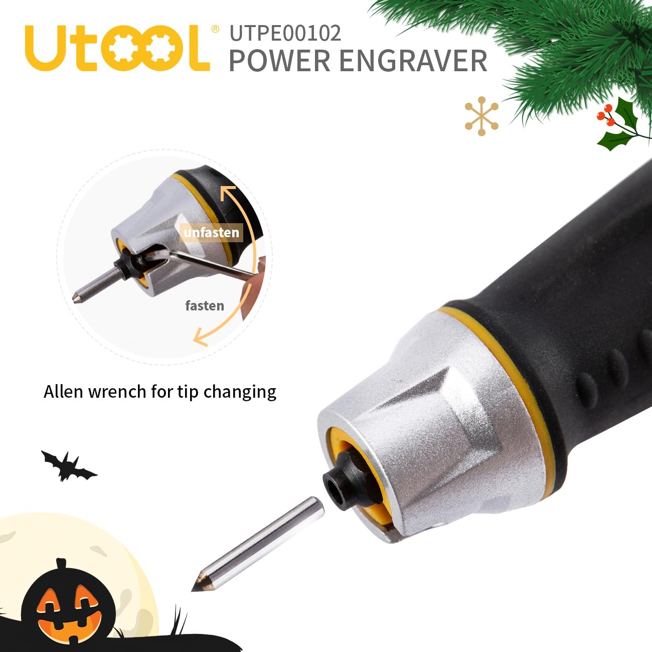 UTOOL Engraving Pen with Letter/Number Stencil, 24 W Handheld Etching Tool for Wood, Metal, Glass, Engraving with 4 Interchangeable Tungsten Carbide Steel Bits Includes Halloween Stencil Christmas