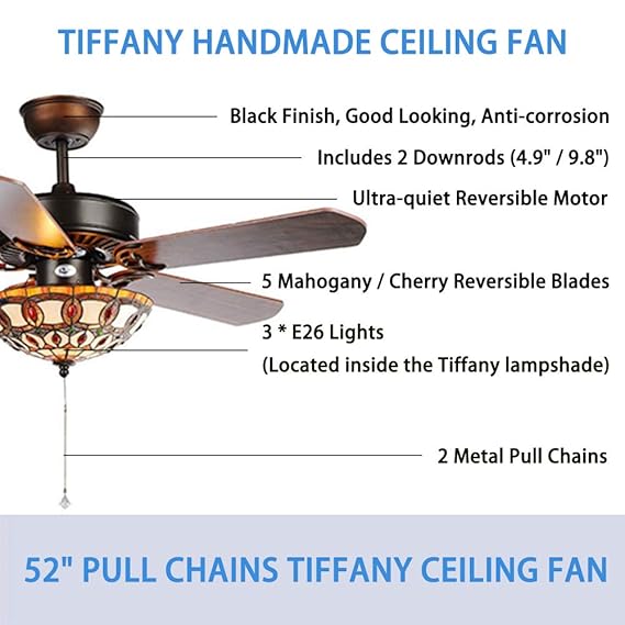 Anfersonlight 52 Inch Black Ceiling Fan With Tiffany Light