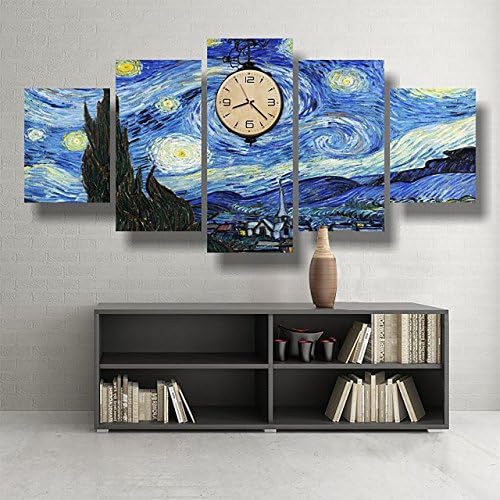 Canvas Van Gogh Starry Night Painted Working Wall Clock 5 Piece Premium Quality Unique Canvas Walll Clock Home Decor Office Decor Multi Panel Framed Set Artwork