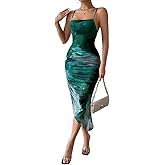 LIGHT DOT Women's Spaghetti Strap Printed Bodycon Ruched Midi Cocktail Dress Sexy Cowl Neck Tie Dye