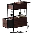 SOOWERY End Table with Charging Station, Narrow Side Table with Flip Top Cabinet and Fabric Drawer, Nightstand Bedside Tables for Small Spaces, Bedroom, Living Room, Dark Cherry