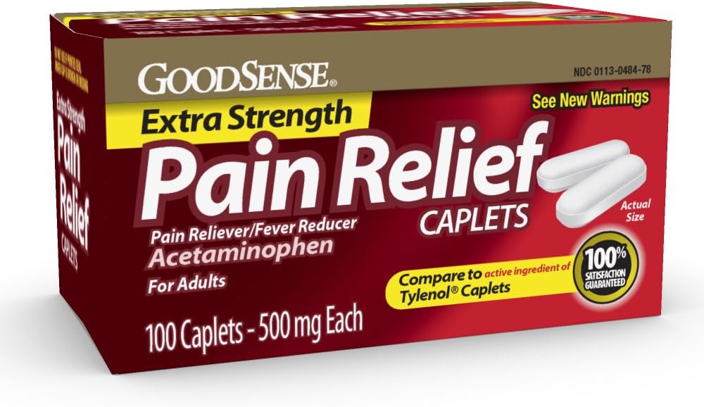 GoodSense Extra Strength Pain Relief, Acetaminophen Caplets, 500 mg, Temporarily Relieves Minor Aches and Pains and Reduces Fever, 100 Count: Health & Personal Care