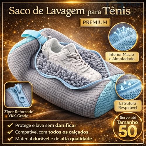 Bolsa para Lavar Tênis na Máquina Zíper Reforçado Proteção Interna Acolchoada Saco Reutilizável Protege Tênis e Lavadora