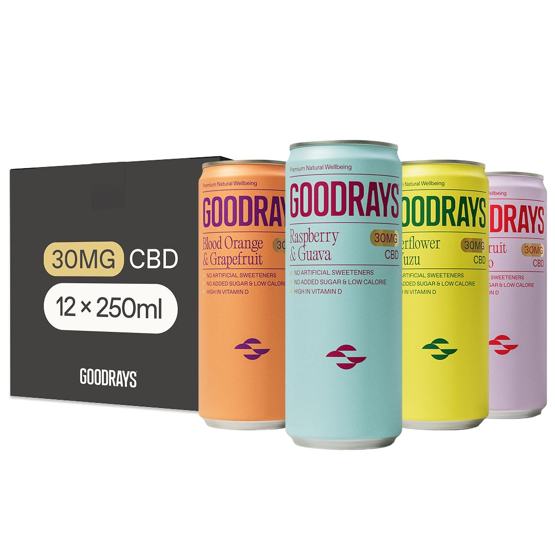 GOODRAYS CBD Drinks, Sparkling Low Calorie Soft Drink, Vegan, 4 Flavour Mixed Pack, 12 x 250ml Cans, Packaging May Vary