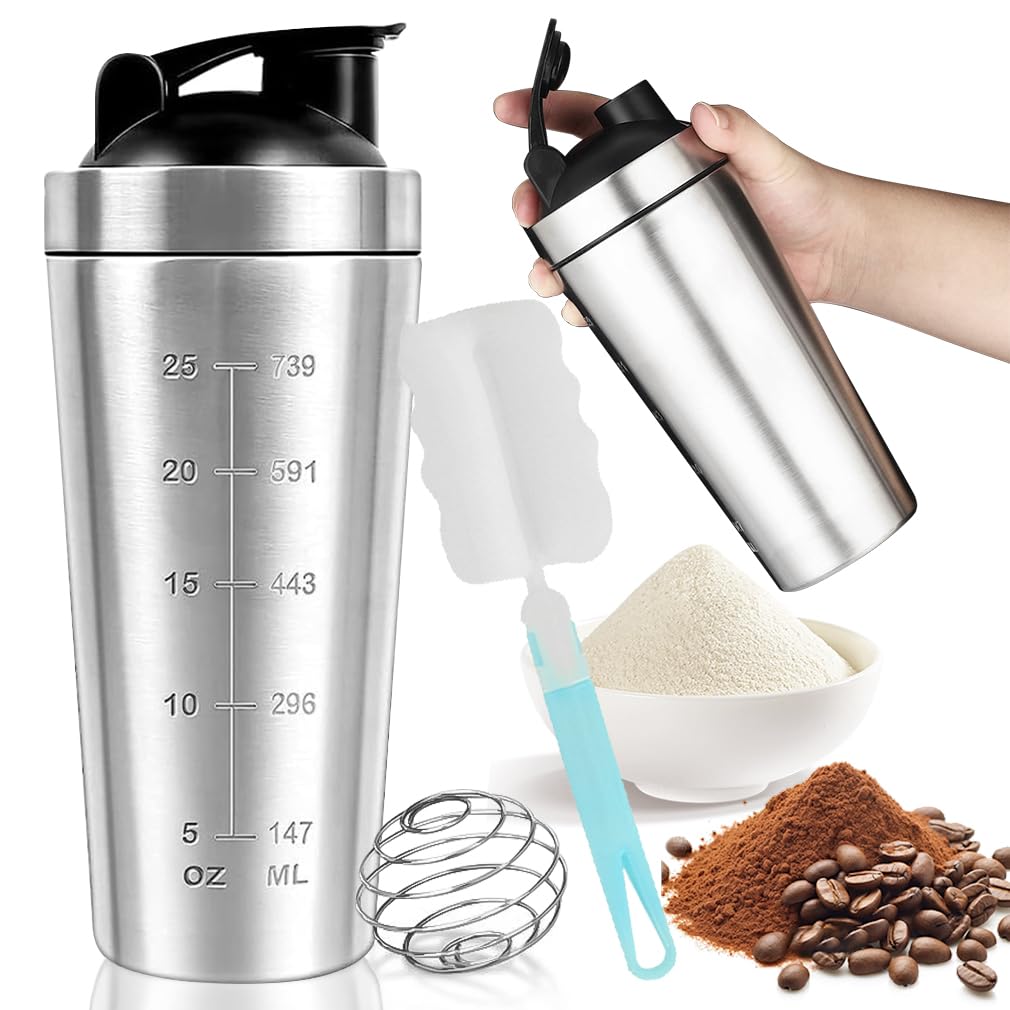 Edelstahl Shaker Proteinshake mit Kugel 750ml Protein Becher Eiweiß Flasche to go Milchshake Blender Metall Bottle, Gym Fitness Sport Shake Schüttler Cup Schüttelbecher Trinkflasche Spülmaschinenfest