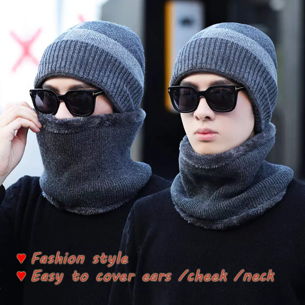 Winter Beanie Hat Scarf Set Thick Soft Lightweight Knit Skull Cap Men Women Nap Cloth Ski Outdoor Sports (Gray&Balck)