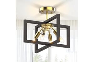 24HOCL Farmhouse Chandelier 4 Light-Semi Flush Mount Ceiling Light, Industrial Modern Chandelier for Bedroom Kitchen Living Dining Room Entryway Foyer Hall Stairway Porch Black Gold Pendant Light ETL Listed