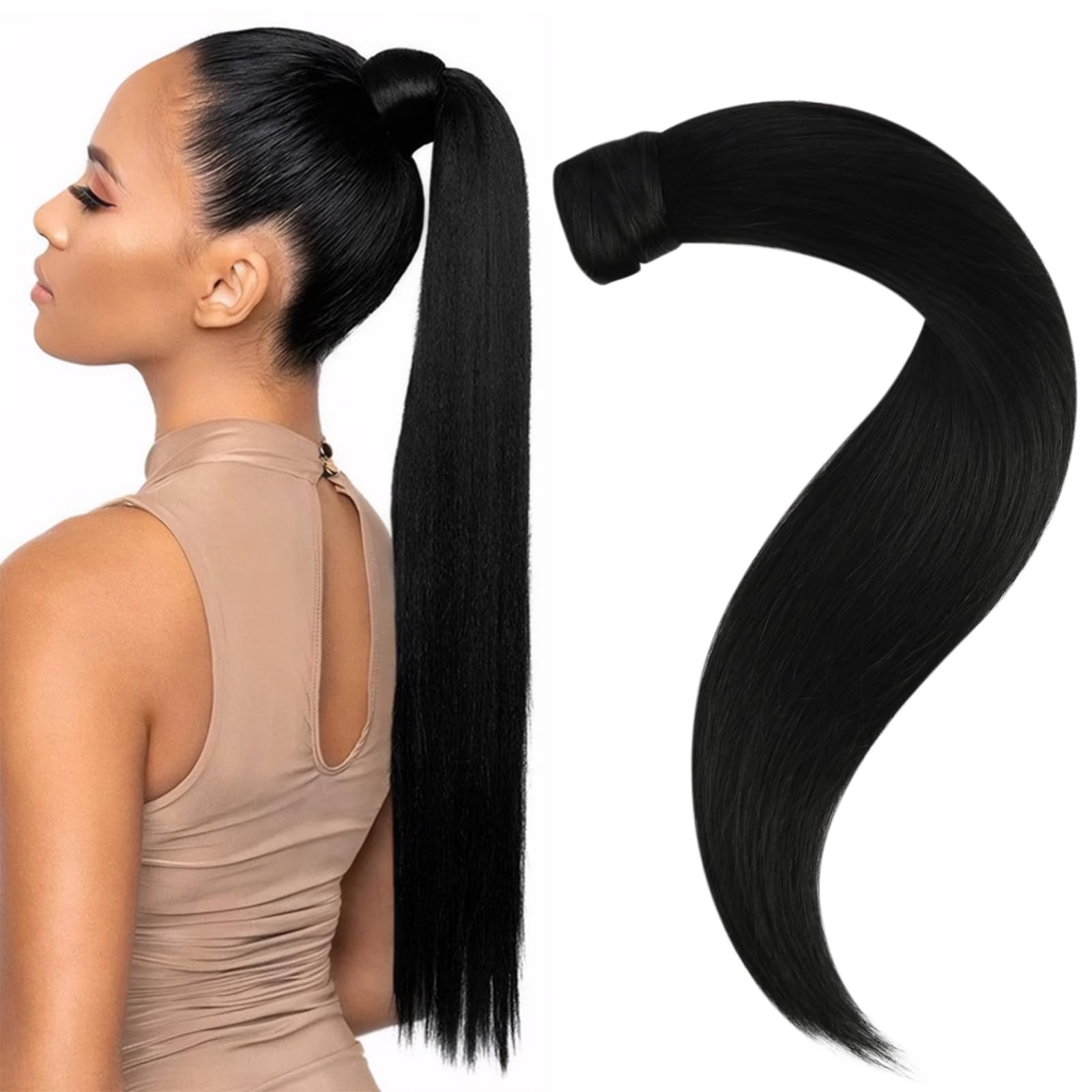 Easyouth Ponytail Hair Extensions Human Hair Black Pony Tails Hair Extensions Real Human Hair Jet Black Ponytail Extension Human Hair for Women #1 18Inch 80g — image 1