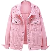 LifeShe Women's Embroidered Pearl Denim Jean Jacket Coat