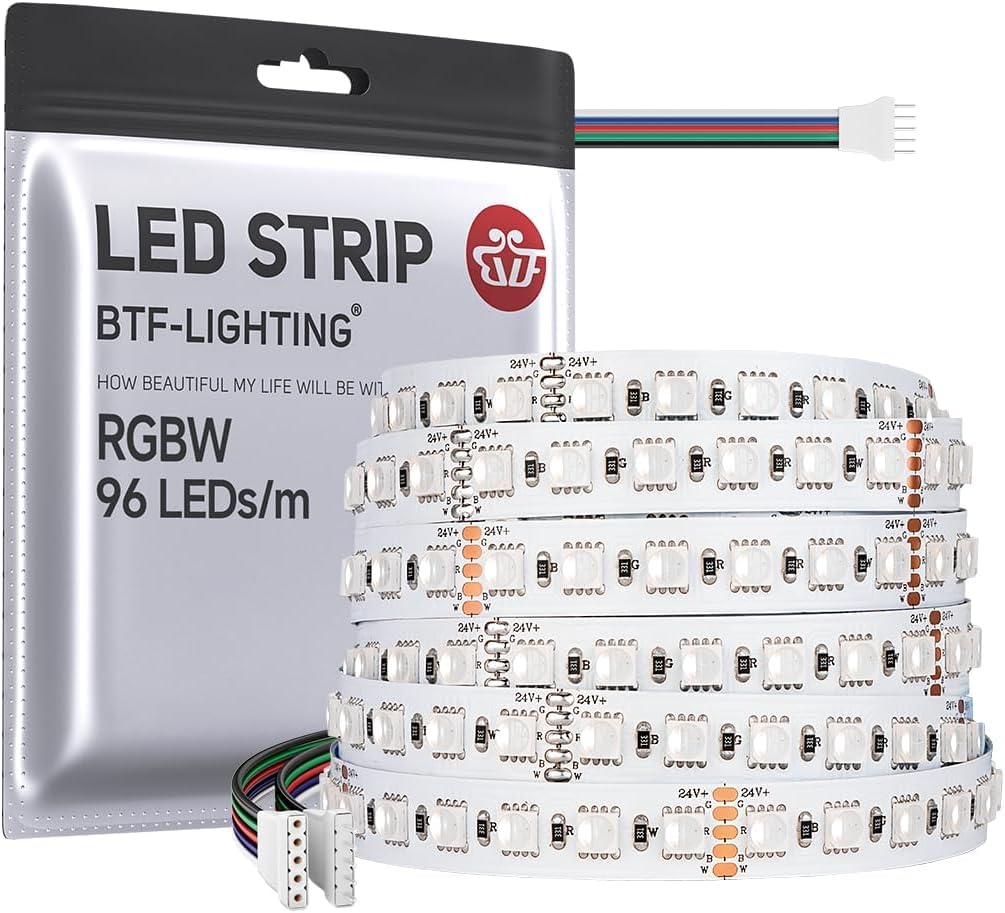 BTF-LIGHTING RGBCW LED Strip 5050SMD RGBW 4IN1 LED Tape RGB+Cool White(6000-6500K) 24V 5M 96LEDs/m 480LEDs White PCB IP30 NOT Waterproof for Indoor Lighting (Only LED Strip)