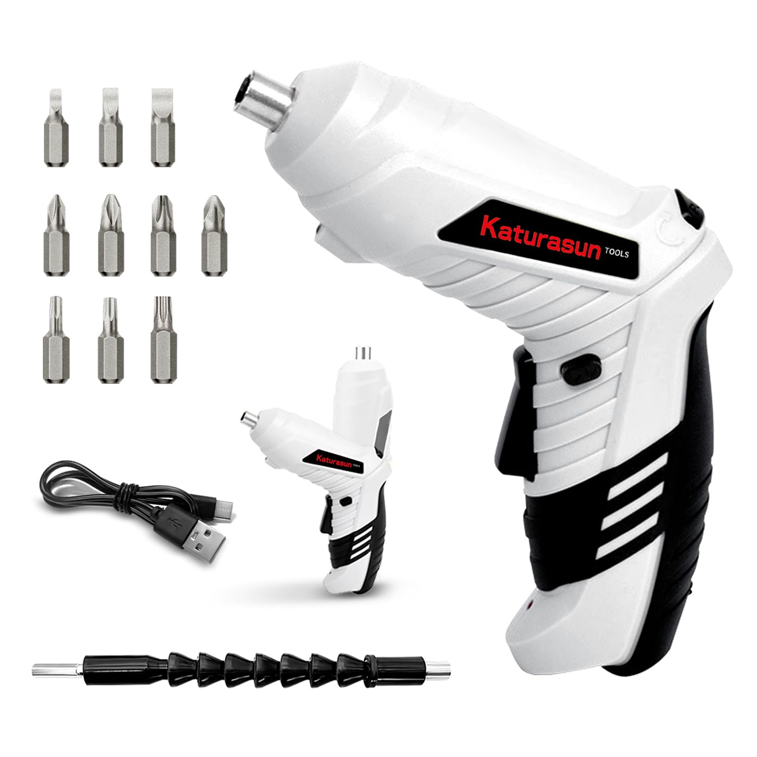 Katurasun Electric Screwdriver, Small, Electric / Manual Use, LED Light, Forward and Reverse Switching, Transformable, Large Capacity Battery, 4.2 V, 60 Minutes of Continuous Use, USB Rechargeable,