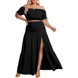 WILDPARTY Plus Size 2 Piece Outfit with Off Shoulder Top and Maxi Skirt | Adjustable details, elastic waist and side slit cre