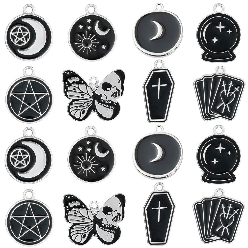 SUNNYCLUE 1 Box 32Pcs 8 Styles Black Halloween Charms Magic Charms Bulk Butterfly Coffin Alloy Holiday Moth Cross for jewellery Making Findings Necklace Earring Women Adults Craft