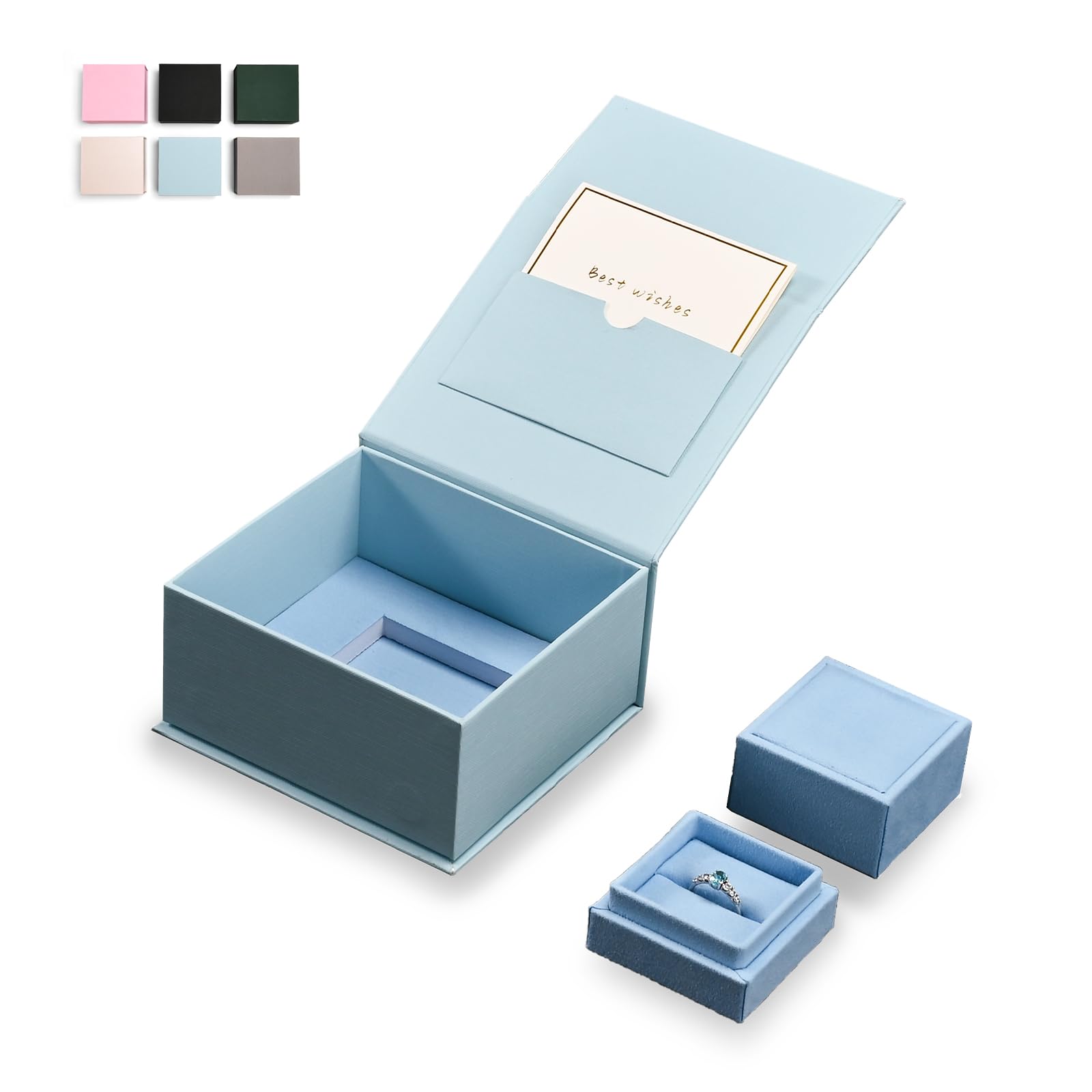 Oirlv Ring Gift Box with Lid Magnetic Boxes for Wedding Proposal Gift Birthday Present with Card(Blue)