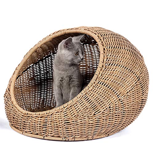 D+ Garden Wicker Cat Bed for Medium Indoor Cats - a Covered Cat Hideaway Hut of Rattan Houses Pets in Dome Basket, Washable