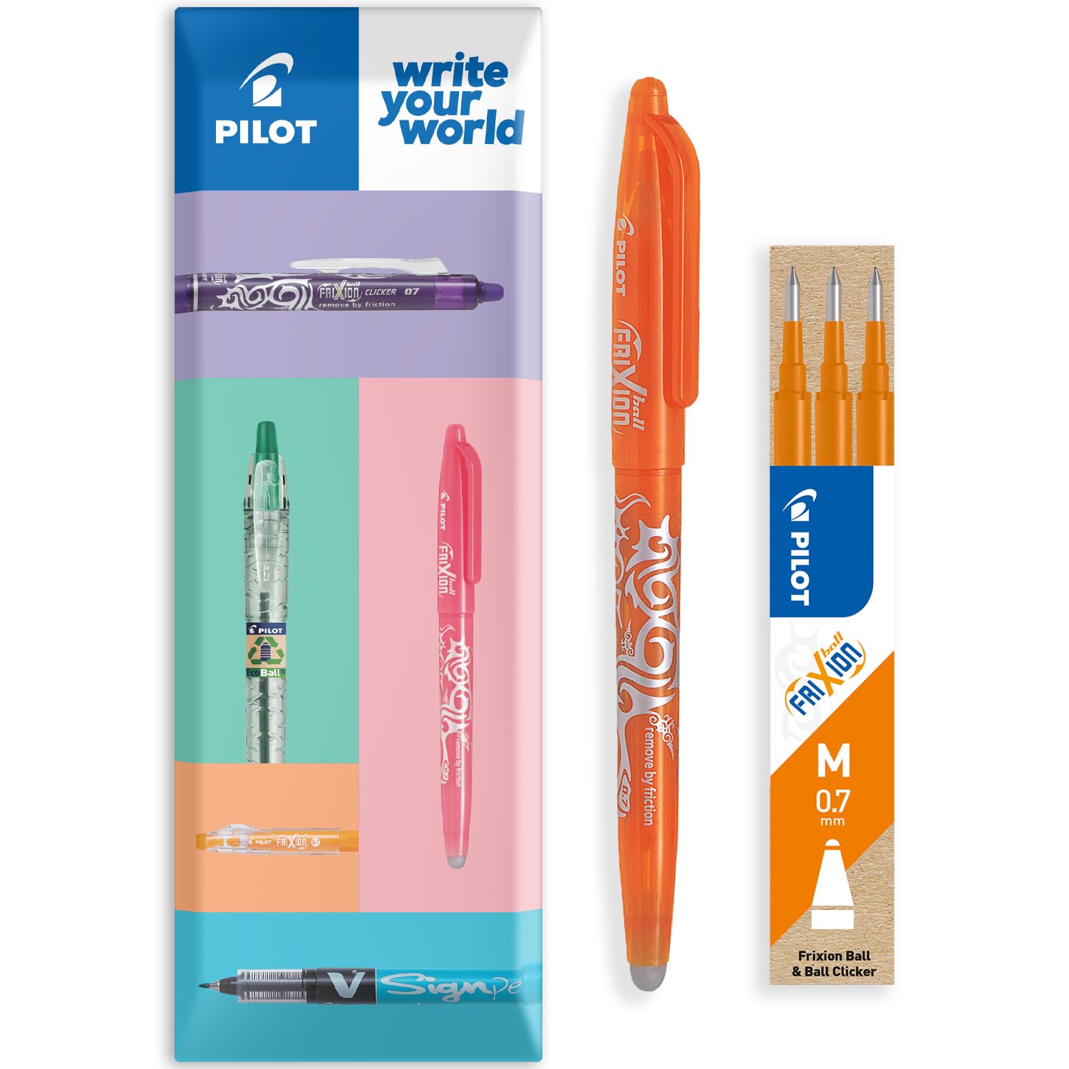 PILOT Frixion Heat/Friction Erasable Rollerball Pen FR7 - Medium Line 0.7mm Tip Nib - In Envelope Gift Packaging - Pack of 1 Pen + 3 Refills (Orange)