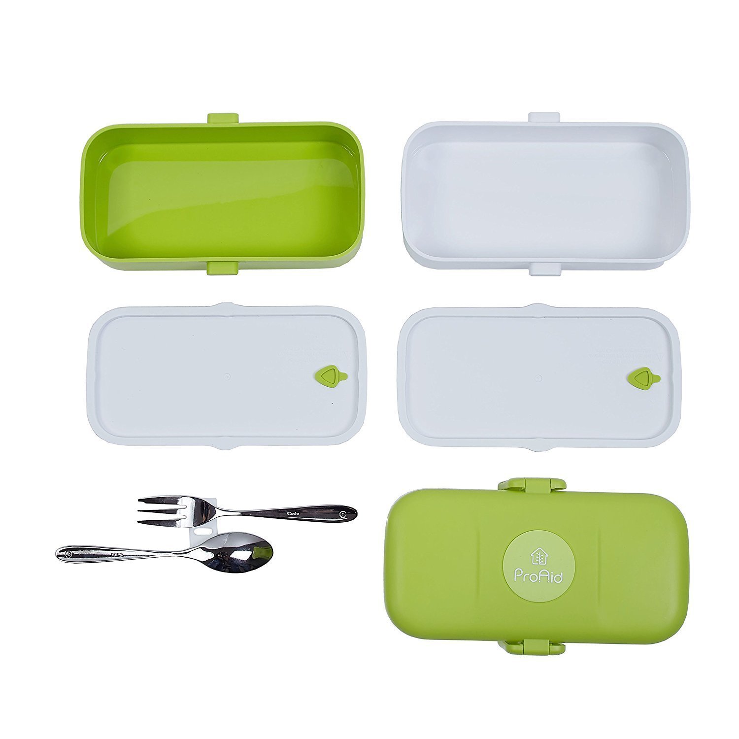 ProAid Bento Lunch Box, Leakproof Bento Box with Stainless Steel Silverware and 2 Layers Design Lunch Box, BPA Free Safe for Fridge and Dishwasher, Green ?-