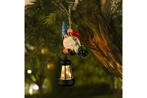 WONDHOME Solar Hanging Gnome Garden Statue Climbing Rope Gnome with LED Lantern Outdoor Decor Tree Hugger Yard Porch Wall Decoration Christmas Birthday Gift for Mom Women