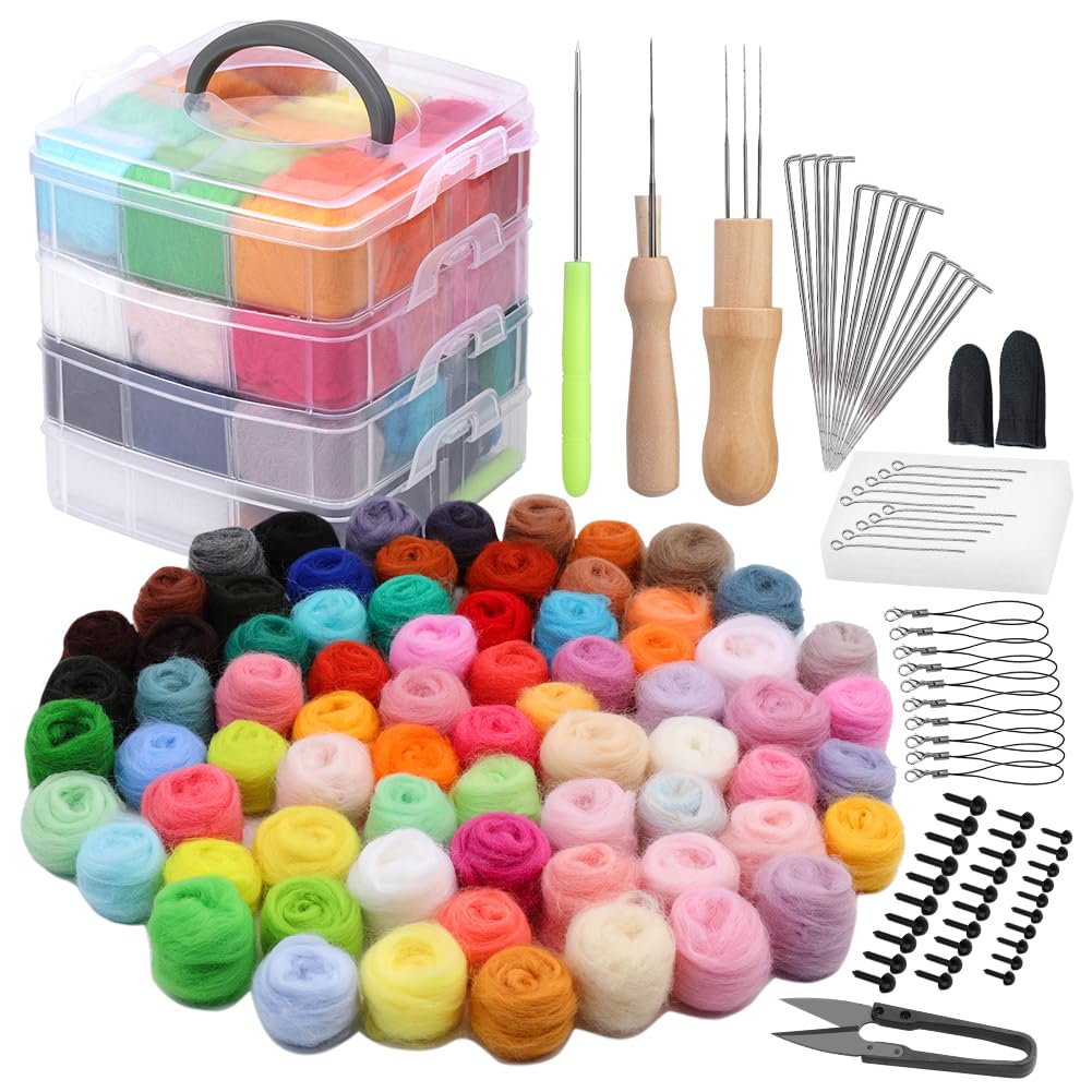 luokefe Needle Felting Kit, 72 Colors Felt Wool Roving, Felting Starter Kit with Needles, Basic Tools and Accessories for DIY Crafts Wool Fibre Hand Spinning for Beginners