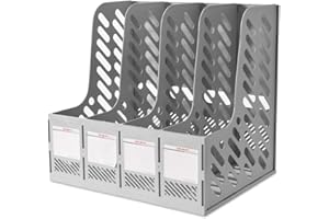 SAYEEC 4 Compartment File Holder Folder Grid Bookshelf Magazine Organizer Plastic File Frame Desktop with Blank Labels A4 Not