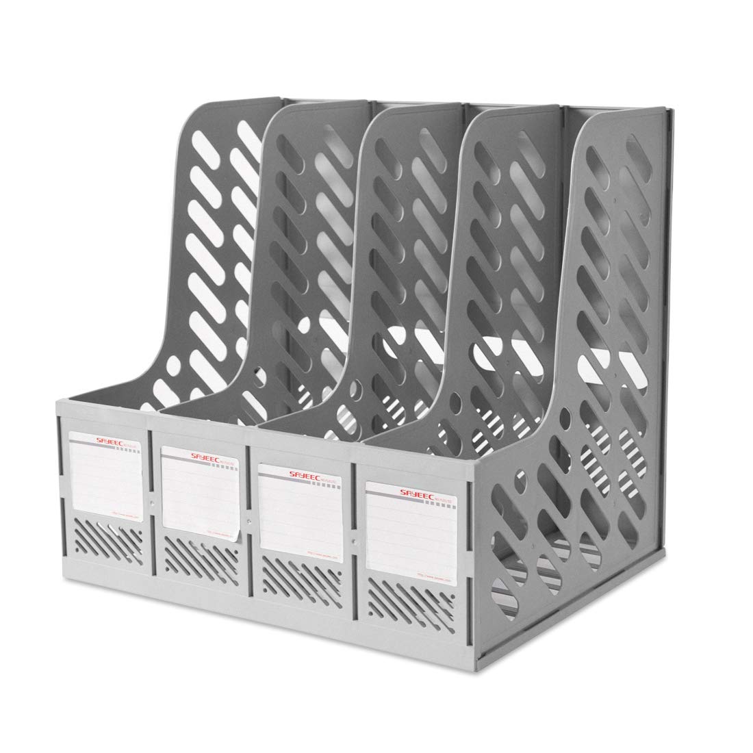 Marte Vanci Magazine File Holder, Plastic A4 Paper Organiser, 4 Vertical Slots Desk Document Folder Holder Book Rack for Office Desktop Bookshelf Cabinet Home School Storage with File Bag Grey