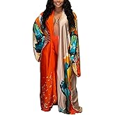 Famnbro Women's Floral Print Satin Robe Kimono Cardigan Open Front Long Cover Ups Outerwear One Size