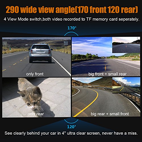 Dual Dash Cam, 4.0 HD IPS Screen, DONGKER FHD 1080P Front Cam + VGA Rear Cam, 290 Wide Angle Motion detector Dash Cam with Sony CMOS chip, HDR, G-Sensor, Parking Monitor, Night Vision