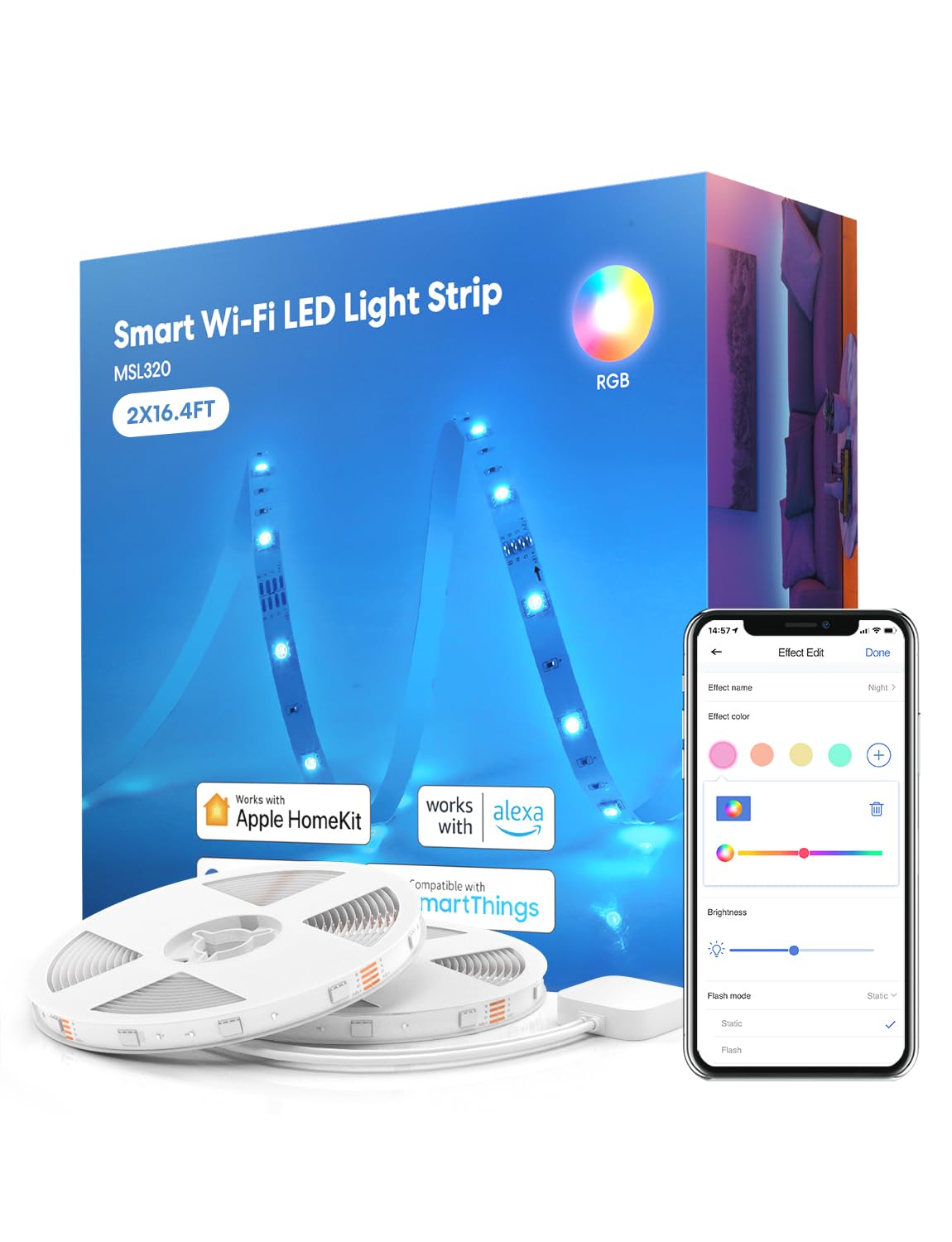 Photo 1 of meross Smart LED Strip Lights, 32.8ft WiFi RGB Strip, Works with Apple HomeKit, Siri, Alexa&Google and SmartThings, App Control, Color Changing Lights Strip for Room, Party, Festivals, UL Listed