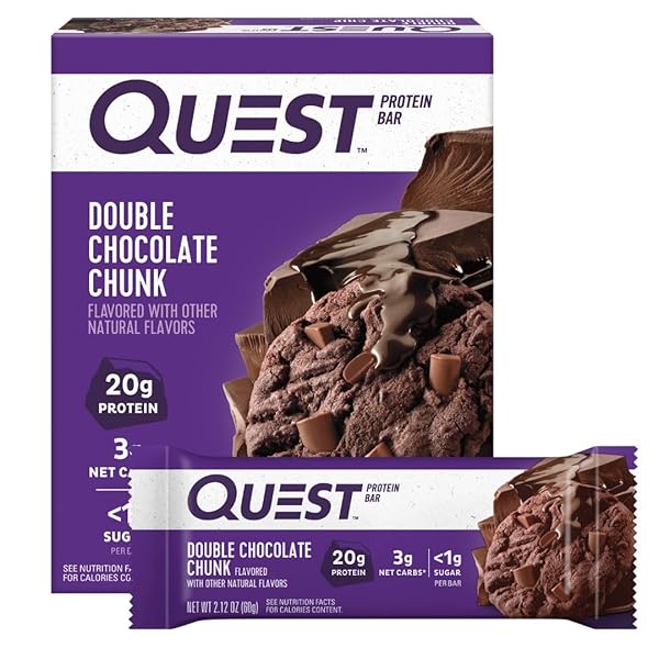 QUEST NUTRITION DOUBLE CHOCOLATE CHUNK PROTEIN BARS, 20G PROTEIN BARS, 1G SUGAR, 4G NET CARB, GLUTEN FREE, KETO FRIENDLY, 4 COUNT