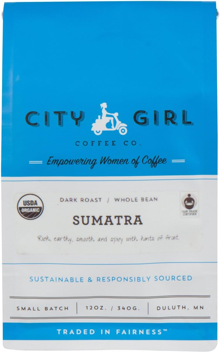 CITY GIRL COFFEEOrganic Sumatra Dark Roast, Whole Bean, Indonesia Fair Trade, Small Batch, 12 oz Resealable Bag