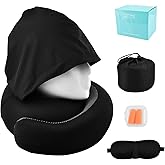 QWLWBU Travel Pillow with Hoodie,Hooded Neck Pillow for Travel,Travel Neck Pillows Stowable Hood,Pure Memory Foam Head Chin Support Airplane Pillows for Flight,Car,Office(Black,Size:15.2cm/6inch)
