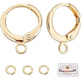 Beebeecraft 20Pcs 18K Gold Plated Round Leverback Earring Hooks French Huggie Hoop Earring Findings with Loop and 20Pcs Open Jump Rings for DIY Crafts Jewelry Making