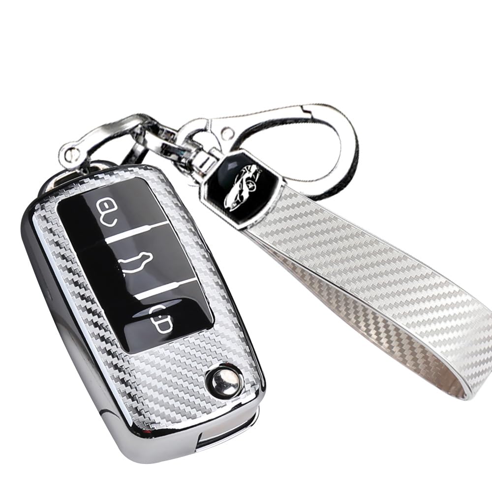RXXR Silver Car Key Fob Cover Compatible with VW Volkswagen Polo Golf 4/5/6 Multivan T5 Caddy Jetta Bora Superb Passat Skoda Fabia Seat Ibiza 3 Buttons Car Key Cover Case with Keychain
