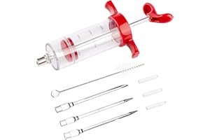 TONJIN Turkey Meat Injector Syringe Kit with 3 Marinade Needles for BBQ Grill Smoker, 1 Cleaning Brush, 1.7 Oz/50 ml Large Capacity Injector Marinades for Meats Red