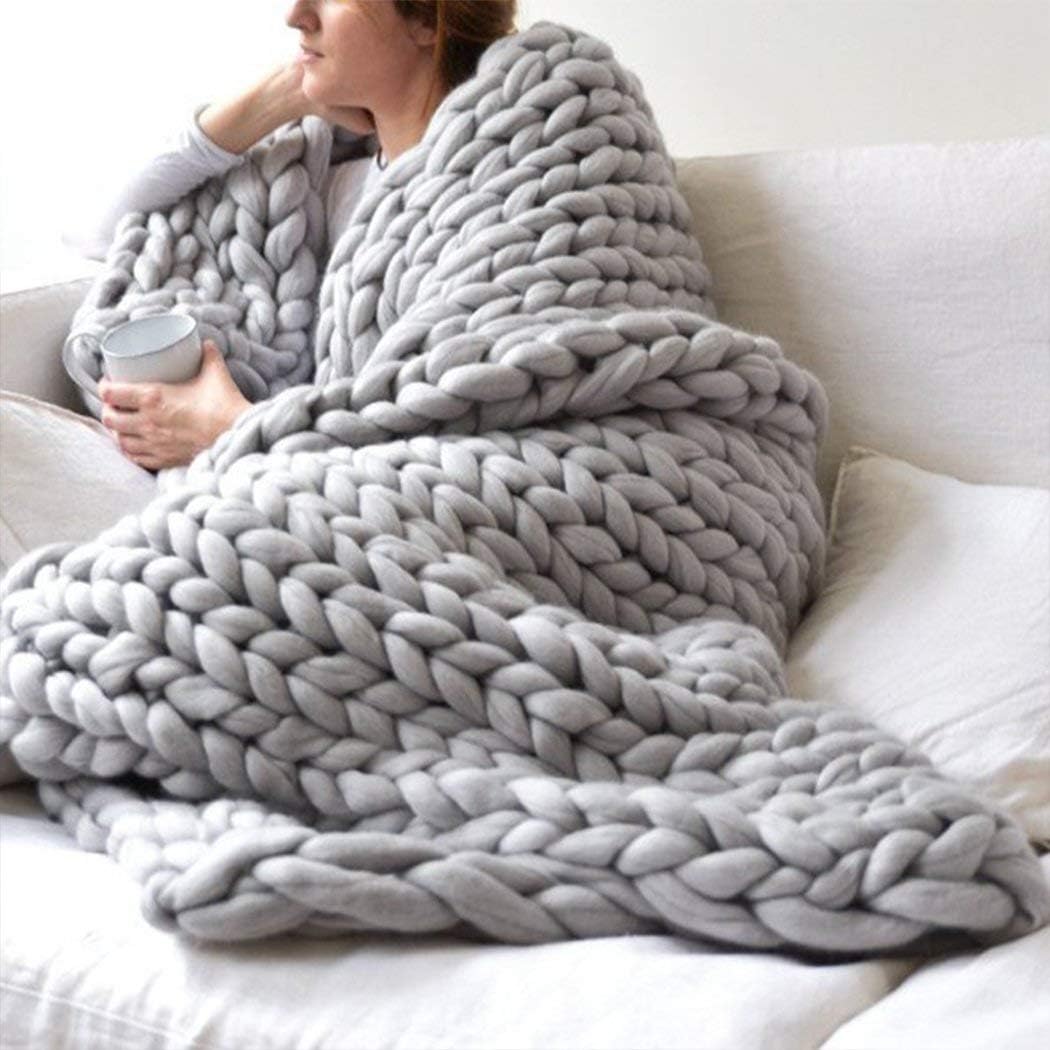 eacho Chunky Knit Blanket Soft Bulky Hand Made Throw for Bedroom Sofa Decor Super Large,Grey,79"x79"