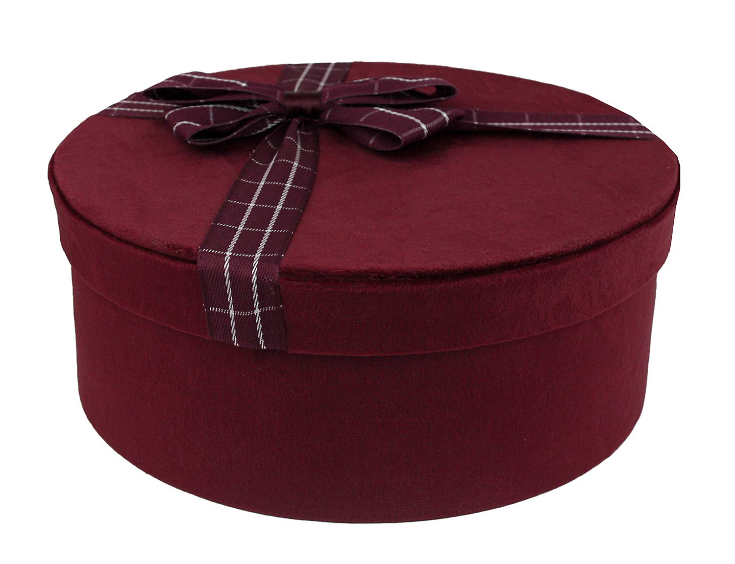 Emartbuy Rigid Luxury Round Shaped Presentation Velvet Gift Box, 24 cm x 24 cm x 10.5 cm, Burgundy Gift Box with Black Interior and Striped Decorative Ribbon
