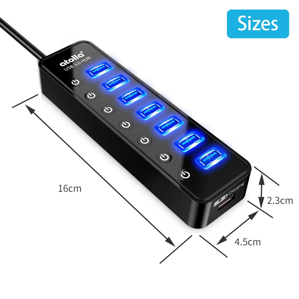 Powered USB Hub 3.0, Atolla 7-Port USB Data Hub Splitter with One Smart Charging Port and Individual On/Off Switches and 5V/4A Power Adapter USB Extension for MacBook, Mac Pro/Mini and More.