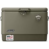 Coleman Reunion Steel Belted Portable Cooler, Leak-Resistant, 54-Quart | Green, Steel Construction, Rustproof and Leak Resistant, Have-A-Seat Lid Supports 250 Pounds, Built-In Bottle Opener