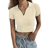 Hyipels Women Knit Crop Polo Shirts,Summer Short Sleeve Ribbed Collared T-Shirt Solid Fitted V Neck Tops