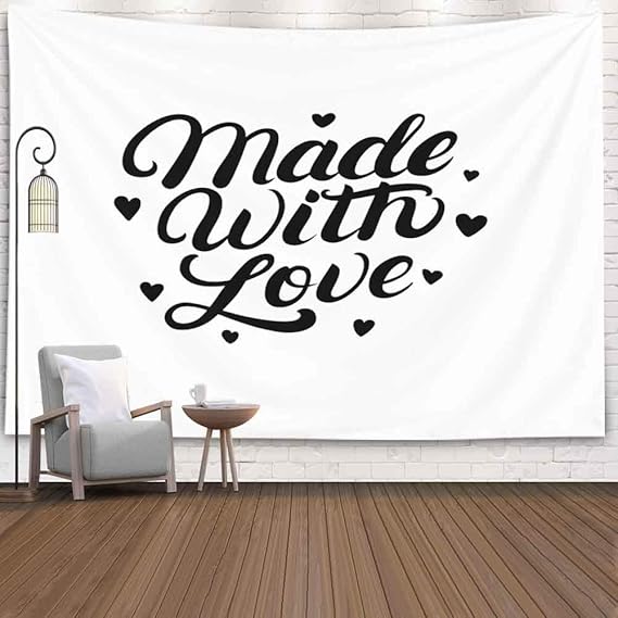 Tapiz, tamaño grande, divertido tapiz hecho con amor, etiqueta escrita