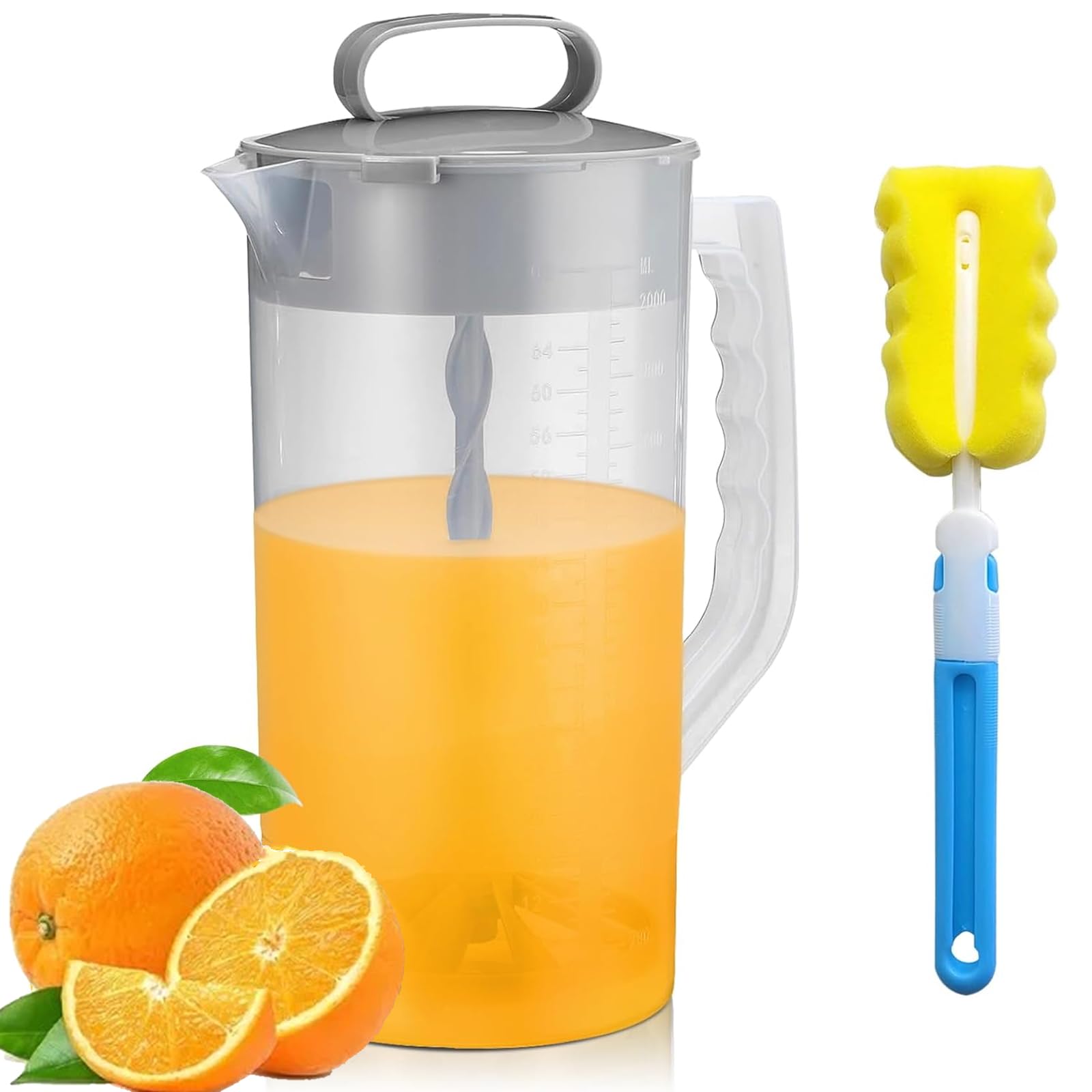 Photo 1 of MYLEUS Mixing Pitcher for Drink, Drink Pitcher with Lid and Clean Sponge Brush, Wide Mouth Juice Pitcher with Plastic Blades and Adjustable Mixer Plunger, for Juice Tea Milk Lemonade(2.1qt/67.6oz)