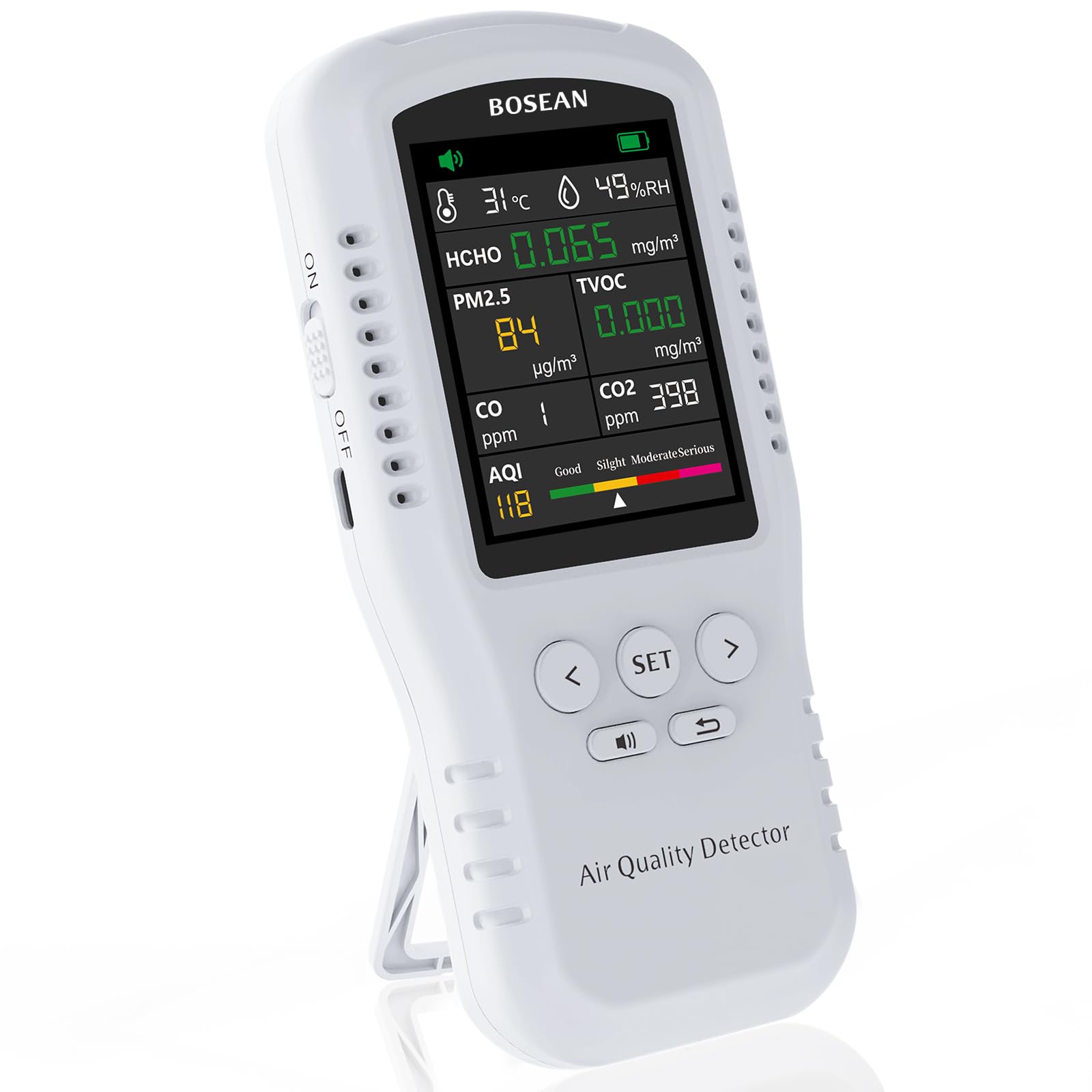 Photo 1 of 8-in-1 Formaldehyde Indoor Air Quality Monitor, PM2.5 HCHO TVOC CO CO2 Detector, Temperature Humidity Meter, Real-Time Reader for AQI, Portable Tester with Kickstand in Home