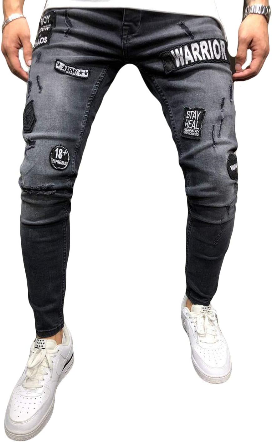 Musuos Men's Ripped Skinny Distressed Destroyed Straight Fit Side Striped Zipper Jeans with Holes