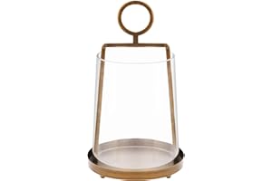 TWAKUTWAKU 9" Wide Modern Farmhouse Metal Hurricane Candle Holder with Handmade Sturdy Glass Sleeve in Antique Brass for Pillar Candle & Plants, Hurricane Lantern, Industrial, Minimalistic (1, Brass, 9"x14")