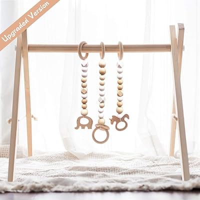 little dove Wood Baby Gym with 3 Wooden Baby Teething Toys Foldable Play Gym Frame Activity Gym Hanging Bar Baby Toy White