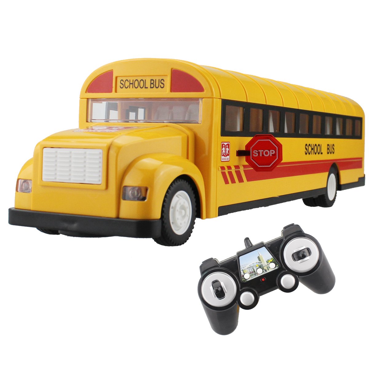 Hugine 2.4G Primary School Bus Yellow RC Bus With Opening Doors And Realistic Sounds 6 Channel Remote Control City Bus Rechargeable Toy For Kids (Yellow)