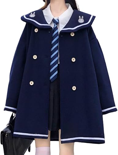 Amazon Co Jp レディレイジー Lady Lazy うさ耳 セーラー コート アウター ジャンパー 長袖 冬 防寒 あたたかい ネイビー 紺色 紫色 パープル バイオレット 可愛い 襟 ボタン 通学 ジャケット 原宿 かわいい うさぎ ネイビー ホビー